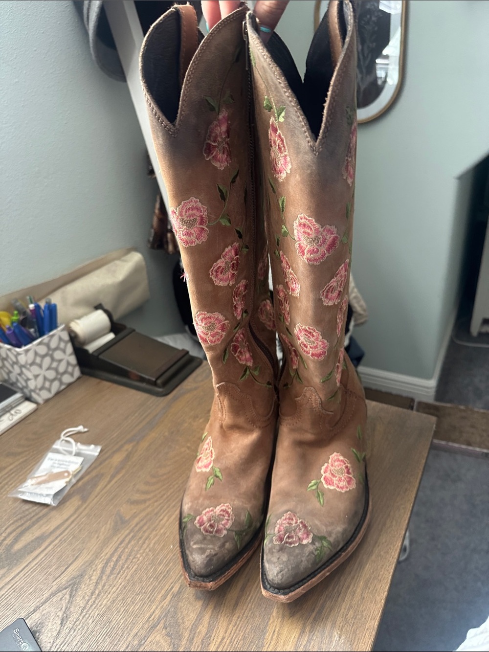 LIBERTY Black Brown Leather Knee-High Boots with Pink Floral Embroidery